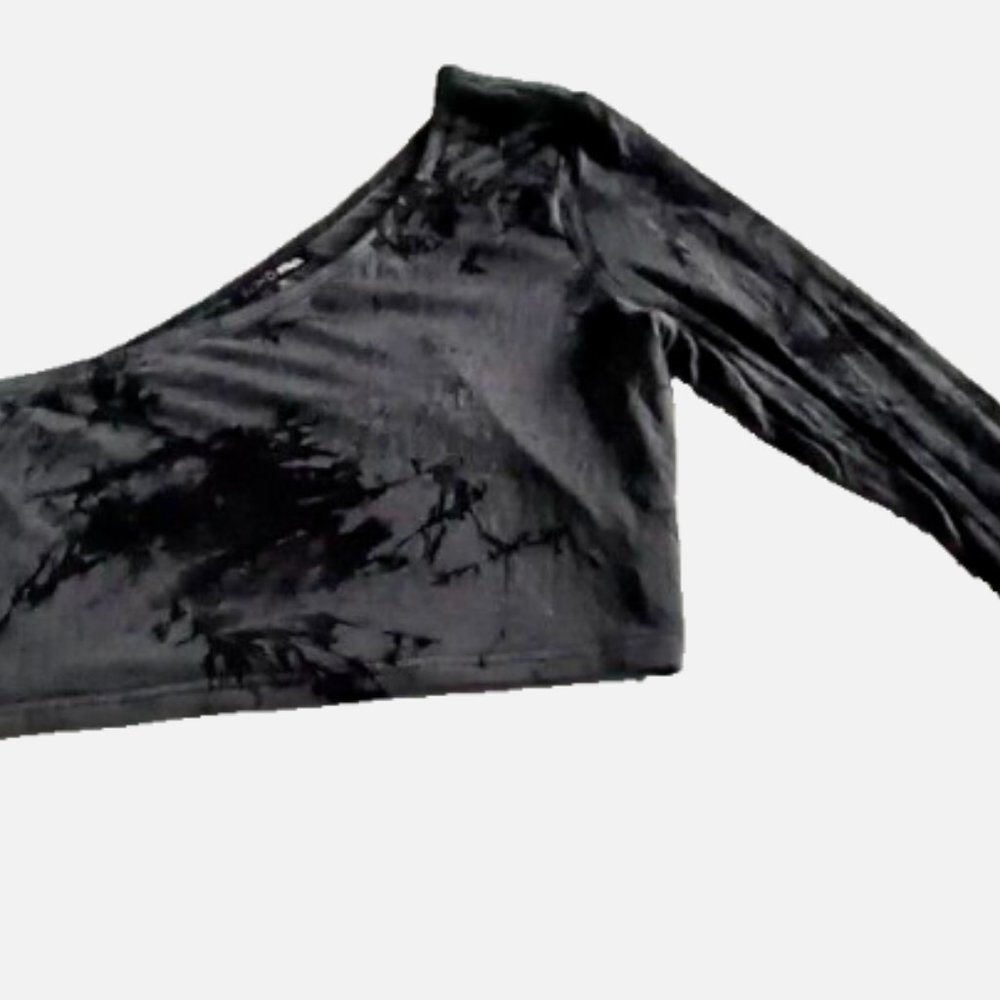 Women’s One Shoulder Crop Top XL Black Gray Tie Dye Asymmetrical Long Sleeve - Picture 7 of 10